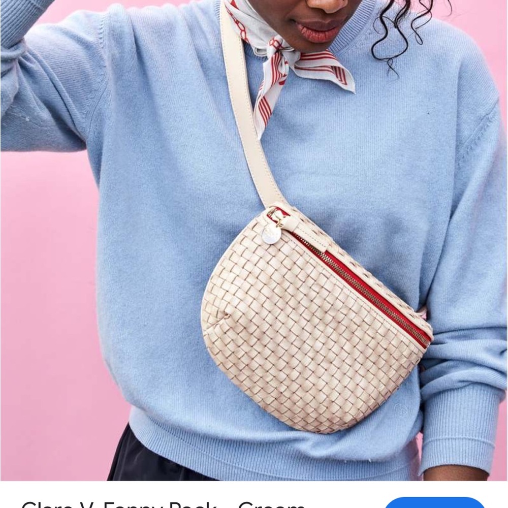 Clare V. Woven Cream Crossbody Bag with Red Zip Accent
